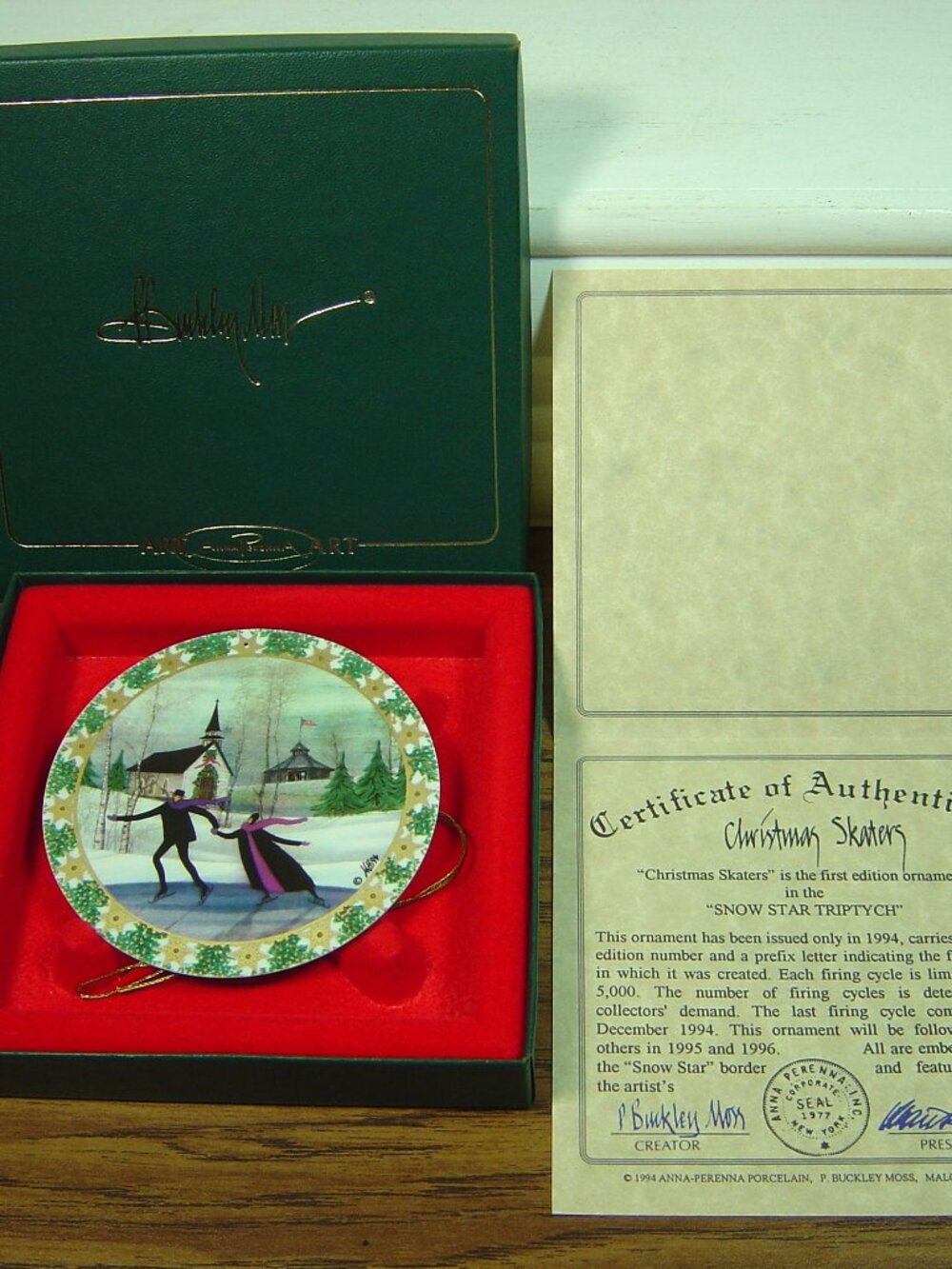 P. Buckley Moss ornament-Christmas Skaters-1st in Snow Star Triptych-1994